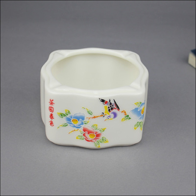 【陶瓷烟灰缸 德化白瓷 商务礼品瓷 方形烟缸-荷花(青花)】价格,厂家,图片,商务礼品,德化县宏鹏瓷业工艺厂-