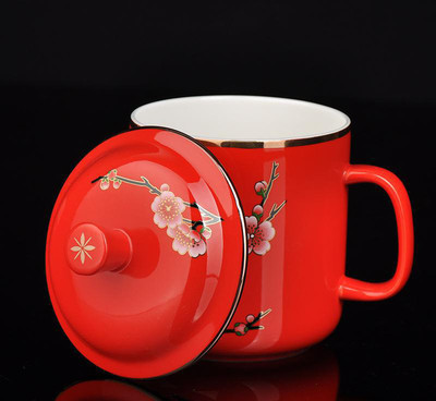 厂家 醴陵中国红瓷 梅花纹陶瓷杯子 质优价廉团购礼品瓷